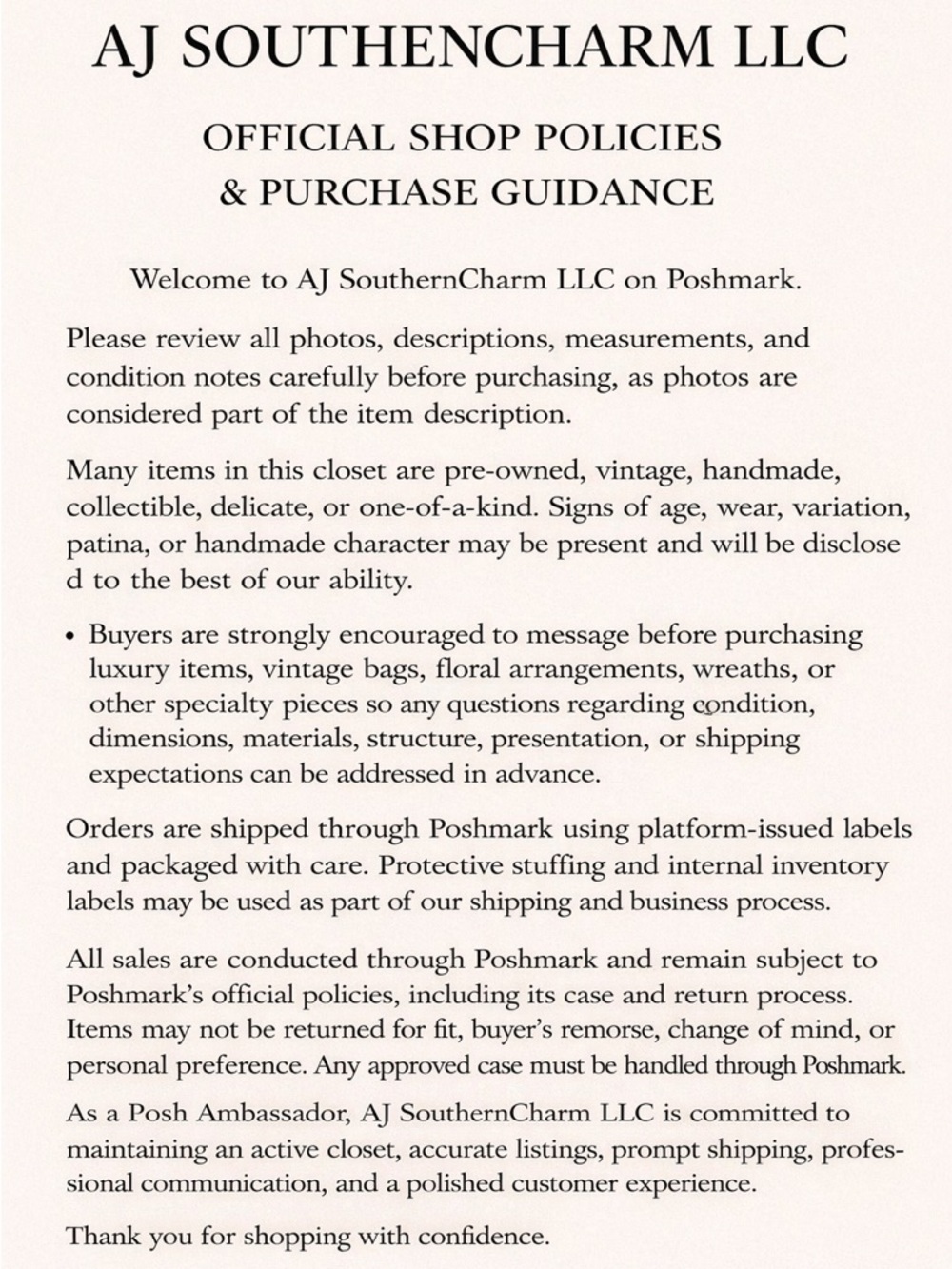 AJ SOUTHERNCHARM LLC  
Official Shop Policies & Purchase Guidance
